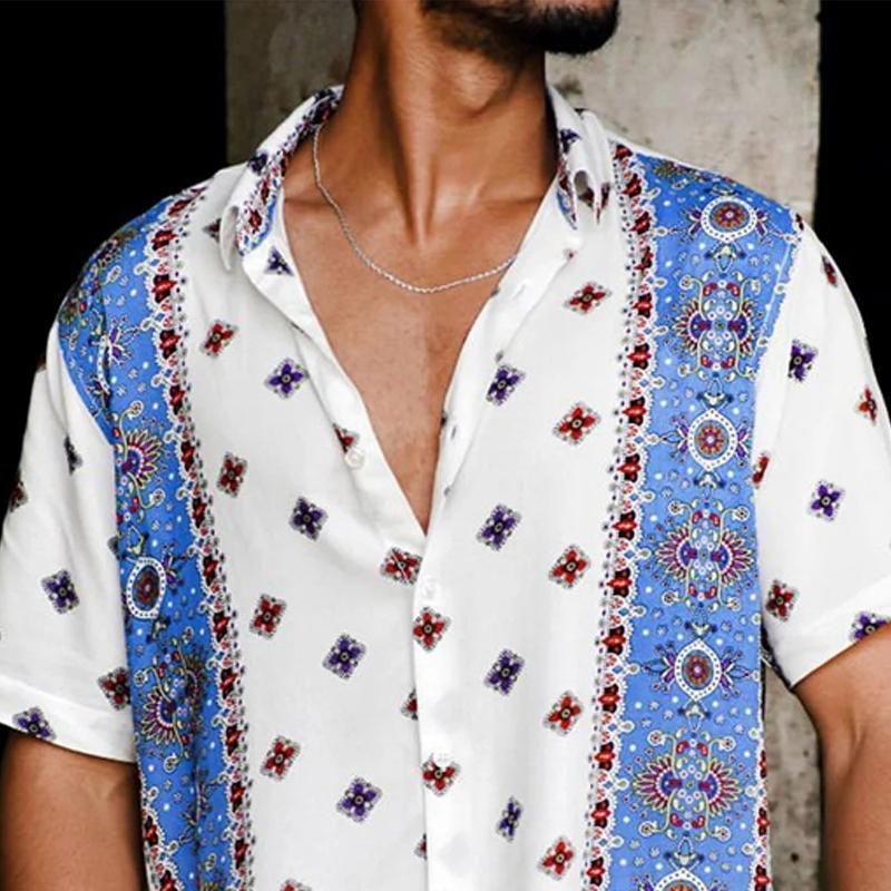 Men's Casual Ethnic Print Lapel Short Sleeve Shirt 41910624Y