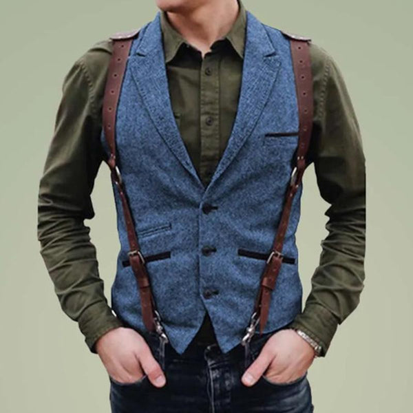 Men's Vintage Lapel Single-Breasted Multi-pocket Herringbone Vest 59356841M