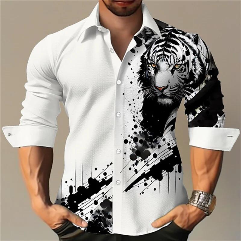 Camicia da uomo con stampa animalier a maniche lunghe e risvolto 50194514X