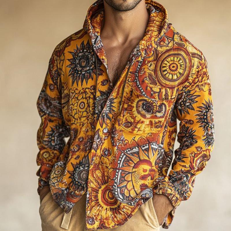 Men's Vintage Print Hooded Long Sleeve Shirt 49449382U