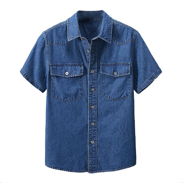 Men's Vintage High Quality Washed Lapel Short Sleeve Denim Work Shirt 83068873M
