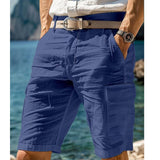 Men's Solid Color Cotton And Linen Beach Shorts (Belt Not Included) 61380820Y