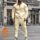 Men's Solid Color Casual Plush Warm Zipper Stand Collar Sweatshirt Sweatpants Set 08038864Y