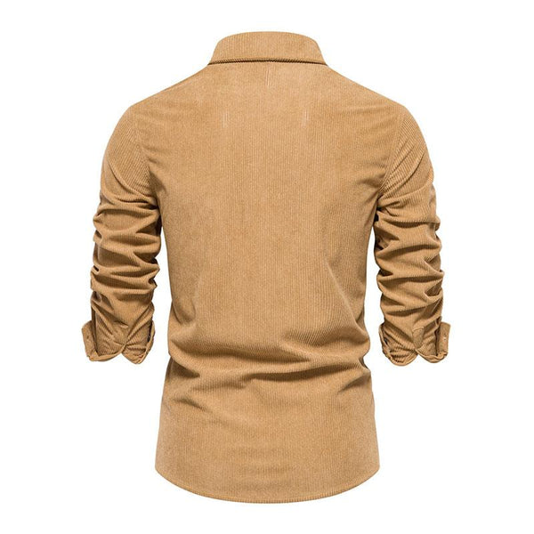Men's Casual Solid Color Corduroy Slim Lapel Long Sleeve Shirt 09000742M