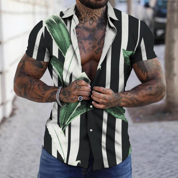 Men's Retro Casual Vertical Striped Lapel Short-sleeved Shirt 23133582TO
