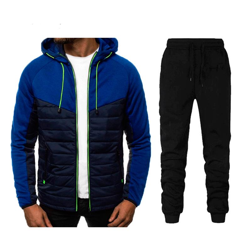 Men's Casual Color Block Hooded Jacket And Sweatpants Set 83174287Y