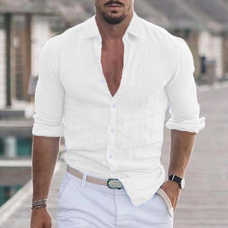 Chemise décontractée à manches longues et revers de couleur unie pour hommes 21280669Y