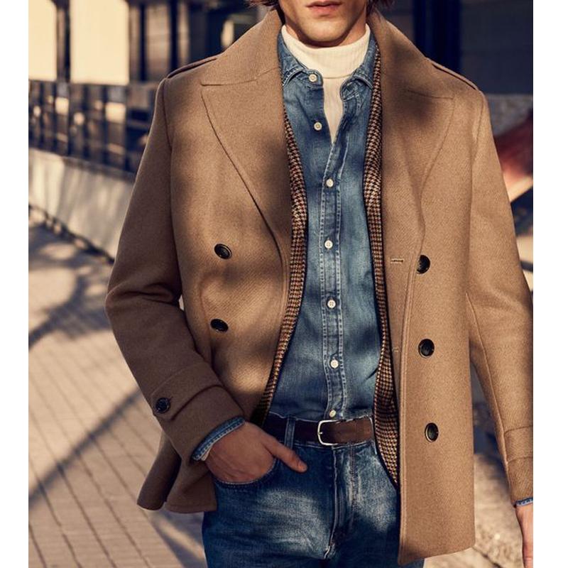 Men's Vintage Simple Solid Color Woolen Double-Breasted Lapel Coat 58451539Y