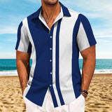 Men's Retro Color Block Lapel Short Sleeve Shirt 24110727TO