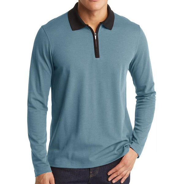 Men's Casual Contrast Lapel Zipper Pullover Long Sleeve Polo Shirt 46906916M