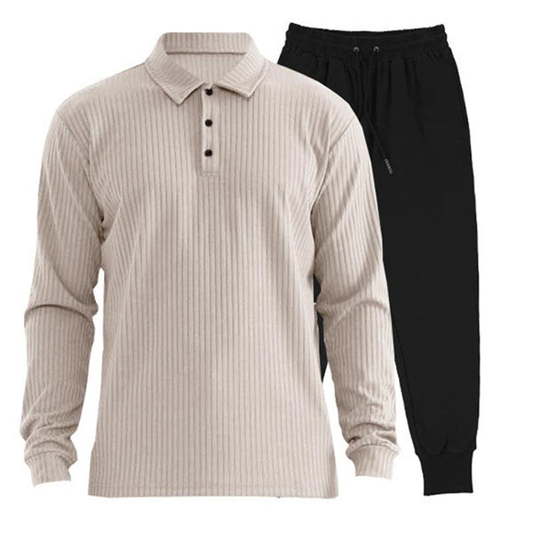 Men's Versatile Lapel Polo Shirt and Trousers Casual Two-piece Set 46121807X
