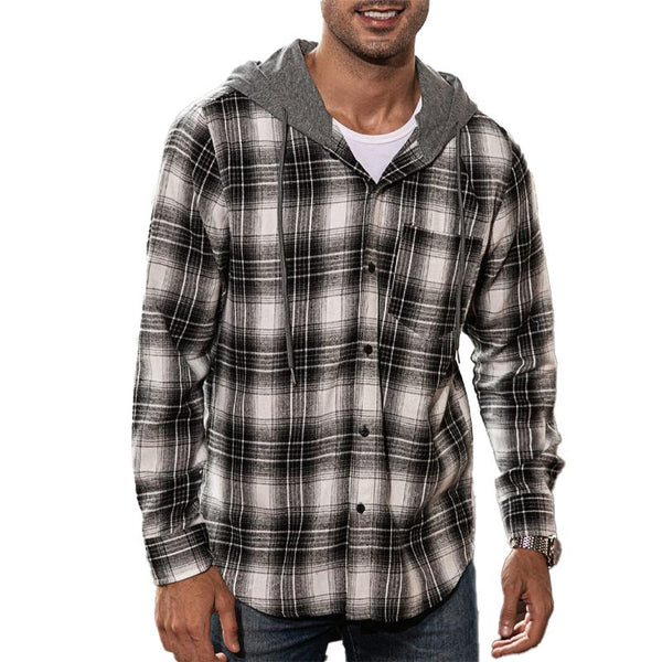 Men's Casual Flannel Plaid Hooded Long Sleeve Shirt 59505651Y