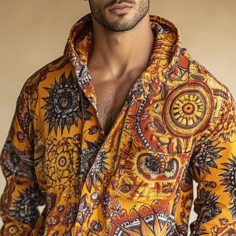 Men's Vintage Print Hooded Long Sleeve Shirt 49449382U