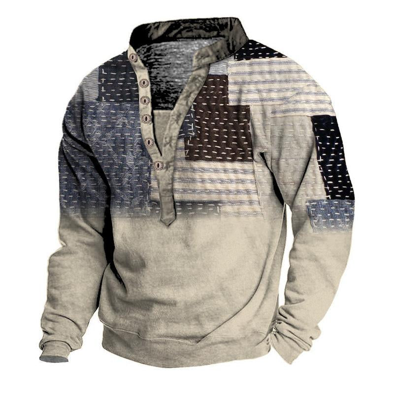 Men's Printed Stand Collar V-Neck Vintage Sweatshirt 82669063U