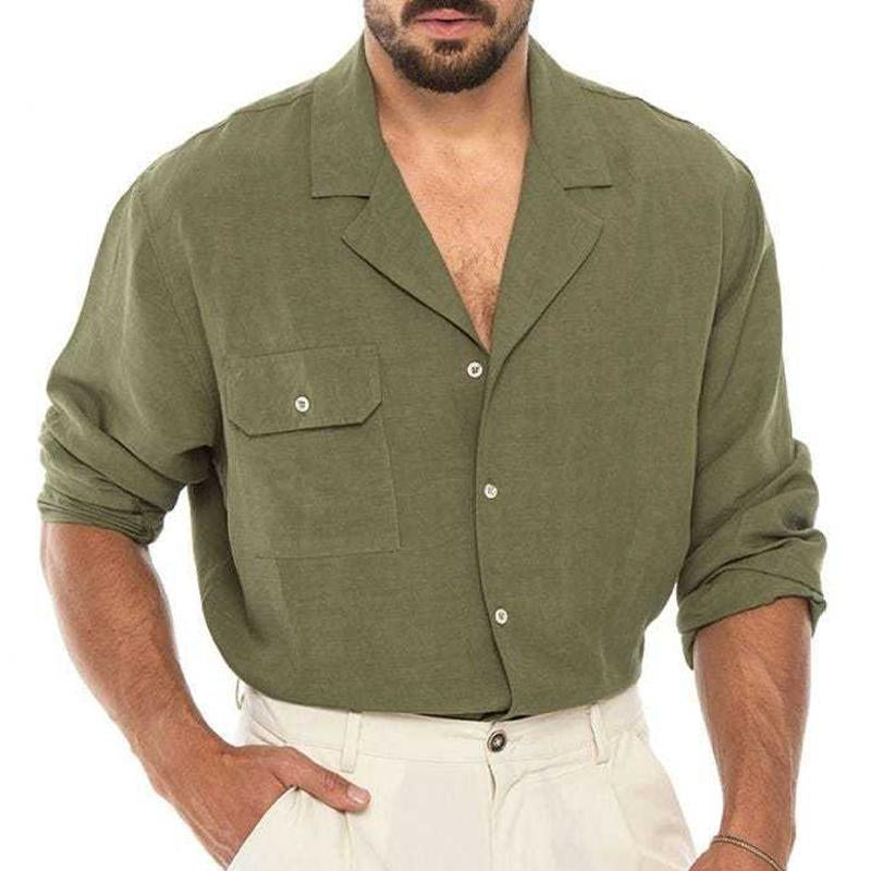 Men's Casual Solid Color Lapel Breast Pocket Long Sleeve Shirt 10142089Y