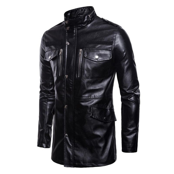 Men's Vintage Stand-Collar Four-Pocket Mid-Length Leather Jacket 33822867Y