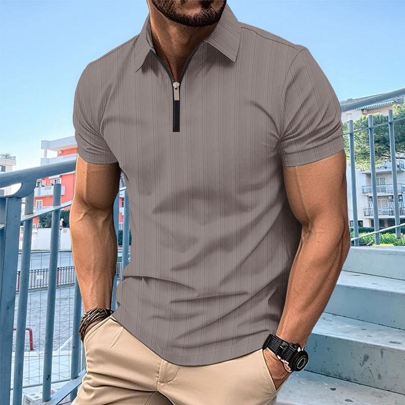 Men's Solid Color Textured Zip Short Sleeve POLO Shirt 51841284X