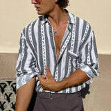 Men's Vintage Striped Print Lapel Chest Pocket Long Sleeve Shirt 44361659Y