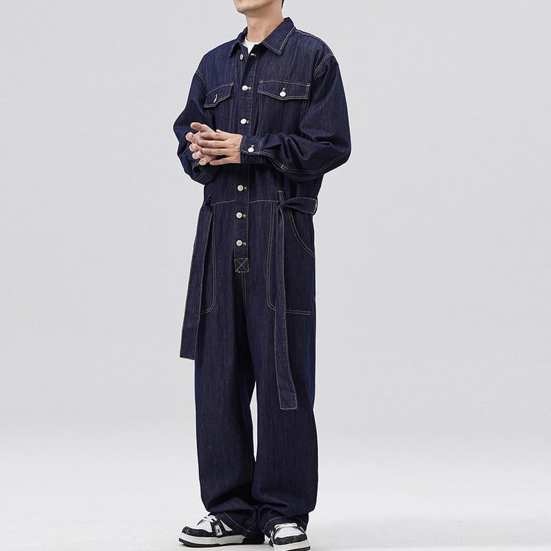 Men's Vintage Loose Belt Multi-Pocket Denim Jumpsuit Coverall 71826101Y