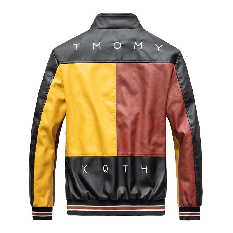 Men's Fashion Color Block Stand Collar Fleece Warm Motorcycle Leather Jacket 74032046M