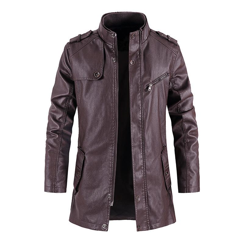 Men's Mid-length Stand Collar Leather Coat 31234724U