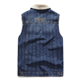 Men's Vintage Warm Fleece Lapel Multi Pocket Denim Vest 36995725Y