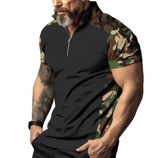 Men's Casual Camouflage Color Block Zipper Polo T-shirt 76245379TO