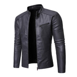 Men's Casual Solid Color Zipper Stand Collar Motorcycle Leather Jacket 91951708M