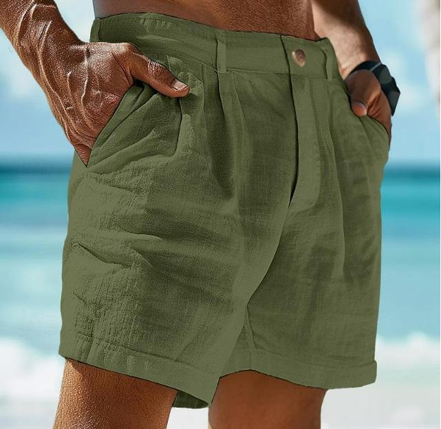 Men's Linen Solid Color Summer Shorts Beach Shorts 61078937X