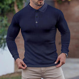Men's Casual Solid Color Pitted Loose Lapel Long Sleeve Polo Shirt 89479959M
