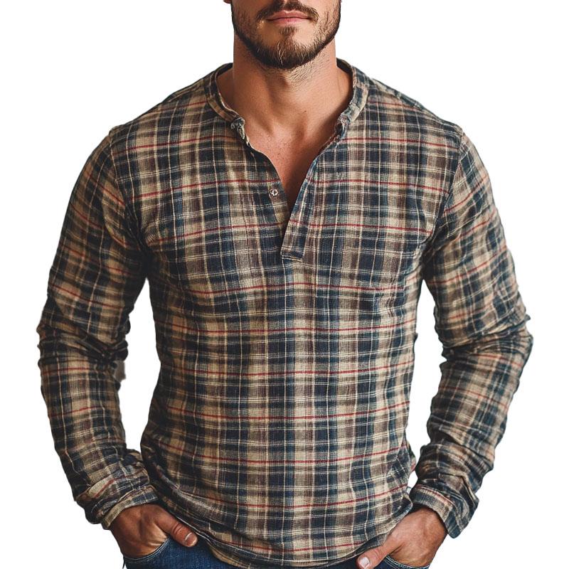 Men's Cotton and Linen Check Print Long Sleeve Shirt 92409177X