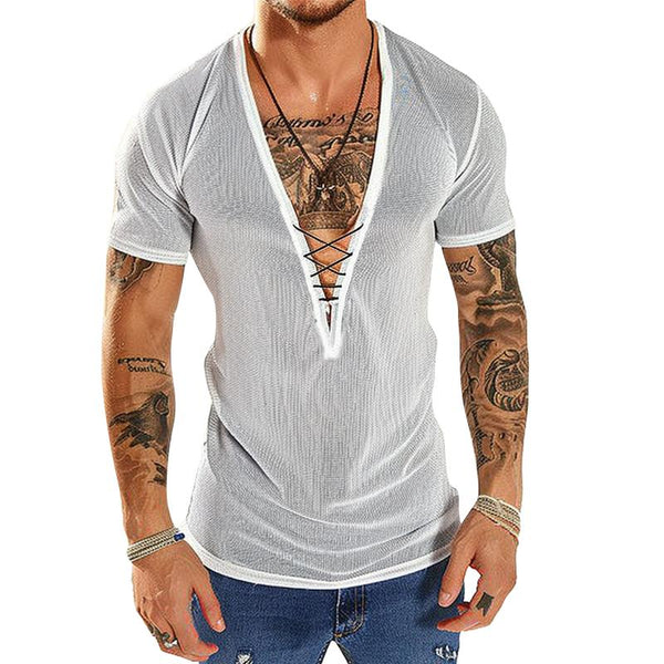 Men's Solid Color Deep V-Neck Tie Short-Sleeved T-Shirt 26301490Y