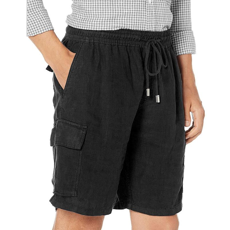 Men's Casual Solid Color Cotton Linen Multi-Pocket Drawstring Shorts 01649333Y