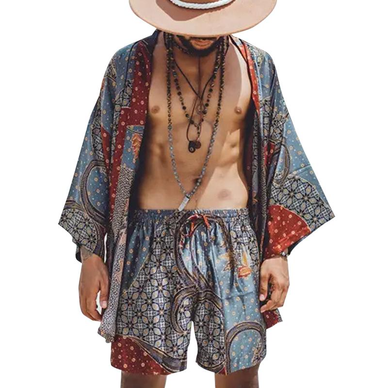 Conjunto de cárdigan y pantalones cortos holgados de playa con estampado vintage para hombre 21232142Y