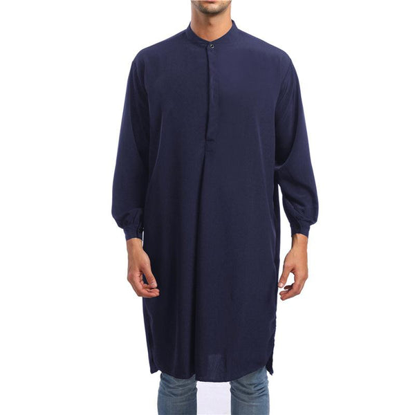 Men's Casual Solid Color Henley Collar Muslim Long Sleeve Shirt 22746016Y