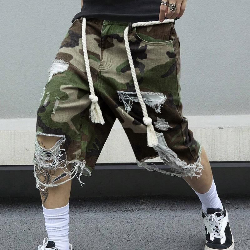 【24-hour shipping】Men's Camouflage Washed Ripped Cropped Trousers 18579912Y