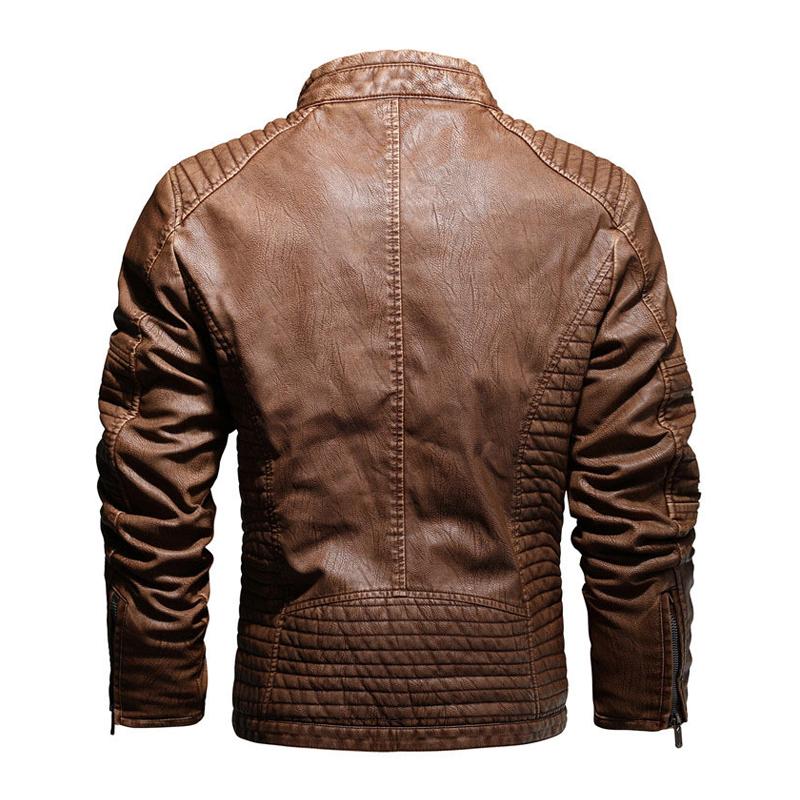 Men's Vintage Stand Collar Splicing Plush Zipper Slim Fit Motorcycle Leather Jacket 82254708M