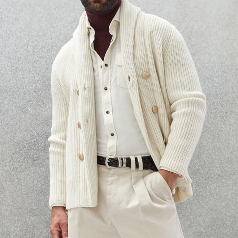 【Expédition 24 heures】Cardigan tricoté à double boutonnage à revers de couleur unie décontracté pour hommes 94737821M