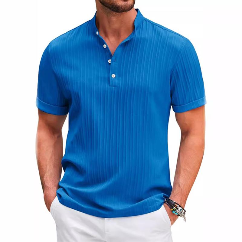 Men's Cotton And Linen Striped Henley Collar Short-Sleeved Shirt 62041492Y