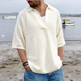 Men's Casual V-Neck Hollow Loose Short-Sleeved Knitted Short-Sleeved Shirt 32850974M
