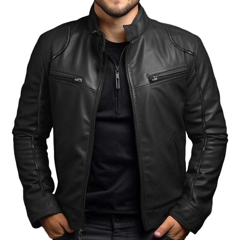 Men's Vintage Stand Collar Zipper Slim Leather Jacket 55238800M