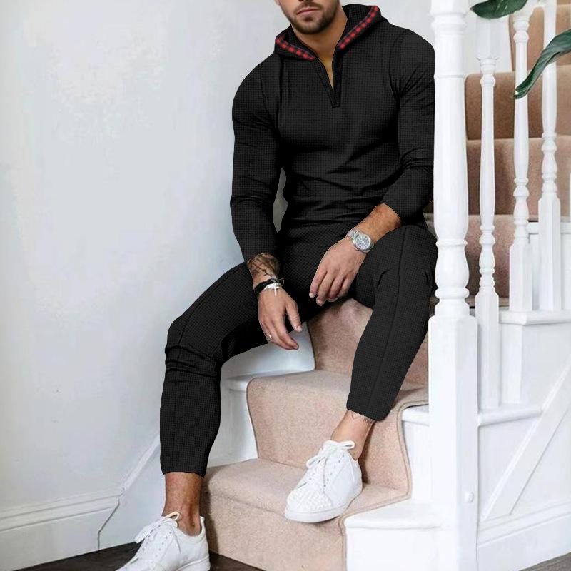 Men's Solid Color Waffle Long Sleeve Hoodie Trousers Casual Set 14339688Z