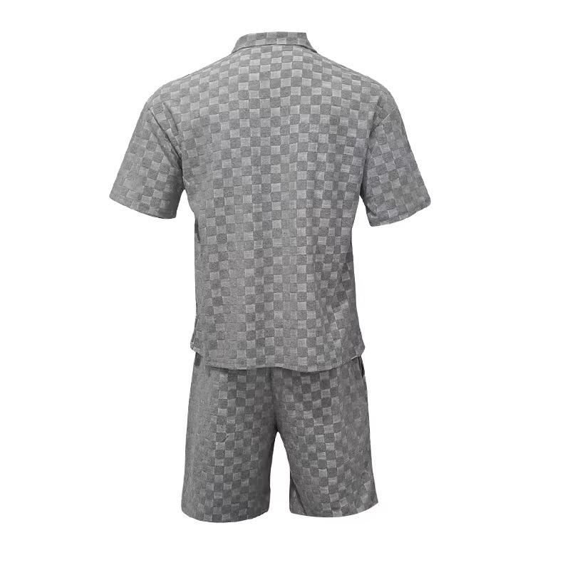 Men's Zipper Lapel Jacquard Plaid Short-Sleeved T-Shirt Shorts Set 34440665Y