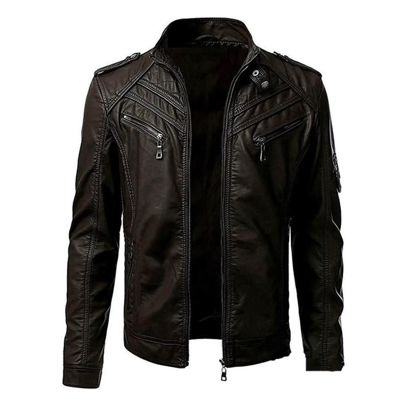 Men's Vintage Patchwork Stand Collar Zipper Leather Biker Jacket 98356078M