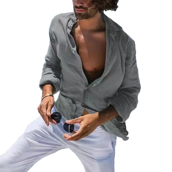 Men's Casual Lapel Solid Color Cotton Linen Long Sleeve Shirt 60717747M