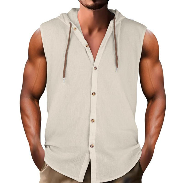 Men's Casual Sleeveless Cotton and Linen Hooded Loose Tank Top 90794426X