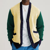 Men's Casual Colorblock Patch Pocket Long Seeve Single Breasted Knitted Cardigan 45627842M