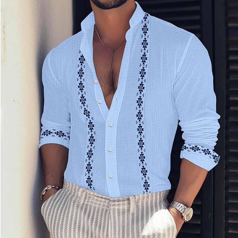 Herren Sommer Print Strand Urlaub Stehkragen Langarm Hemd 72122320X