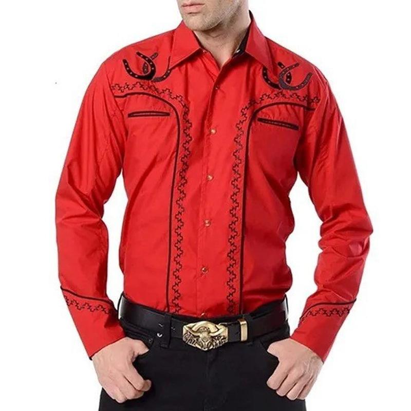 Men's Vintage Western Ethnic Print Lapel Long Sleeve Shirt 48308554Y