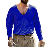 Men's Casual Solid Color Deep V-Neck Long-Sleeved T-Shirt 03993320M